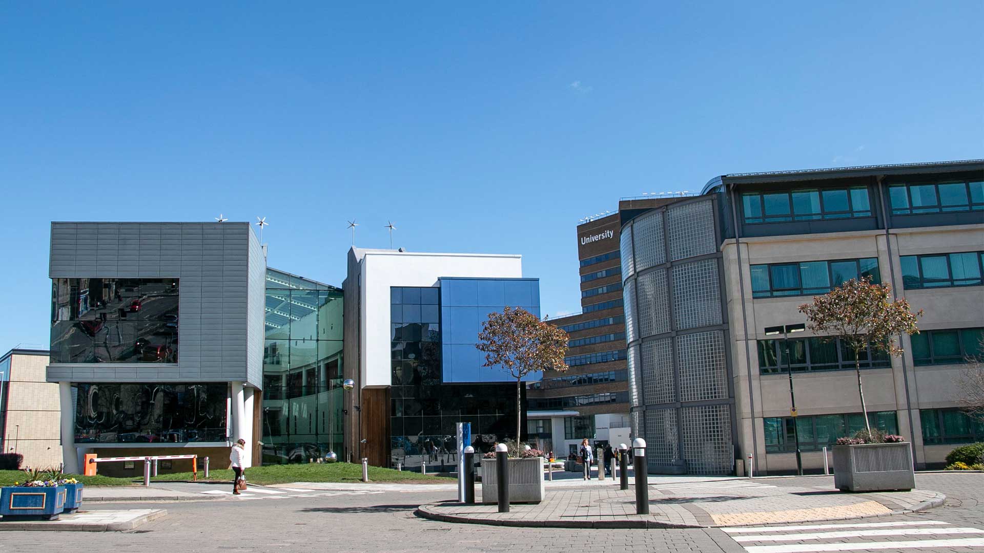 Picture of the University of Huddersfield main entrance facing the creative arts building.