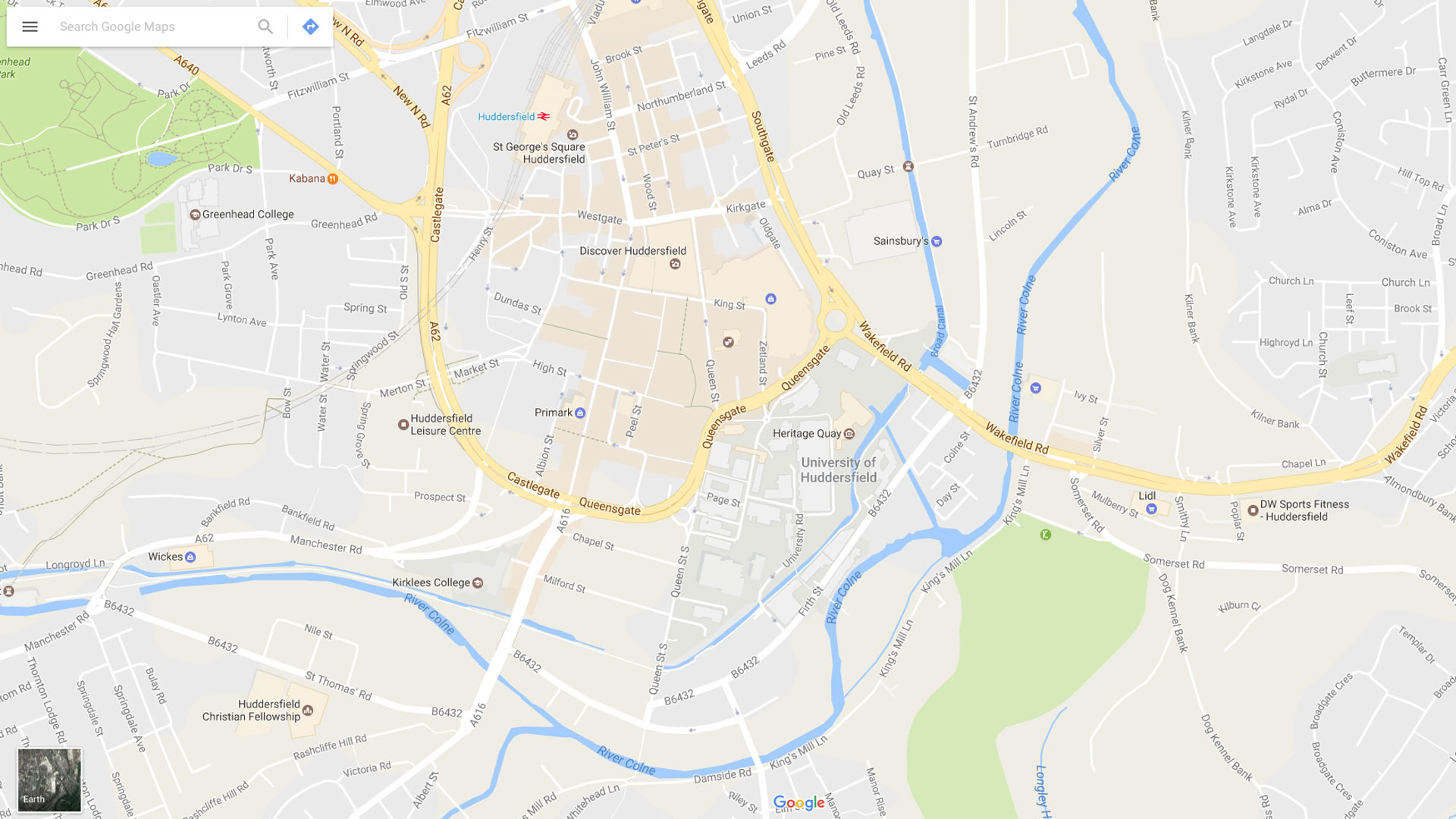 Screenshot of google maps showing the university campus and the town centre
